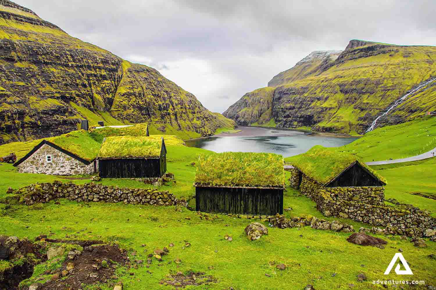 saksun area turf houses in faroe islands on a foggy day