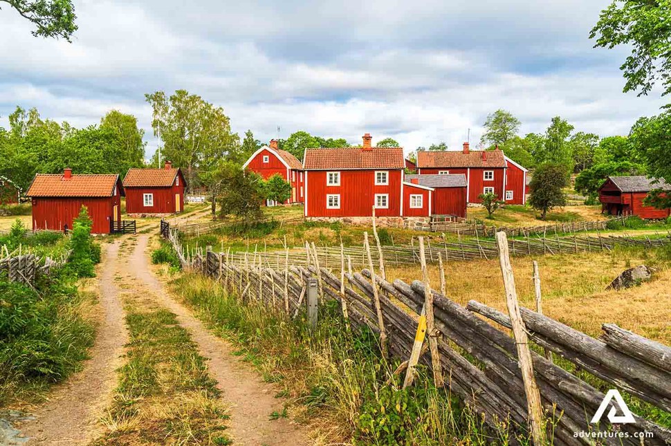 red bright houses in smaland swedish countryside