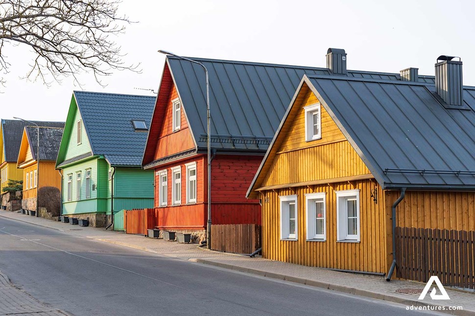 old traditional architecture lithuanian houses in trakai town street