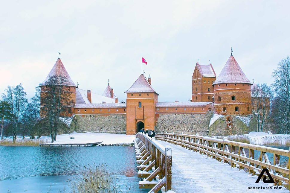 trakai castle entrance bridge in winter in lithuania