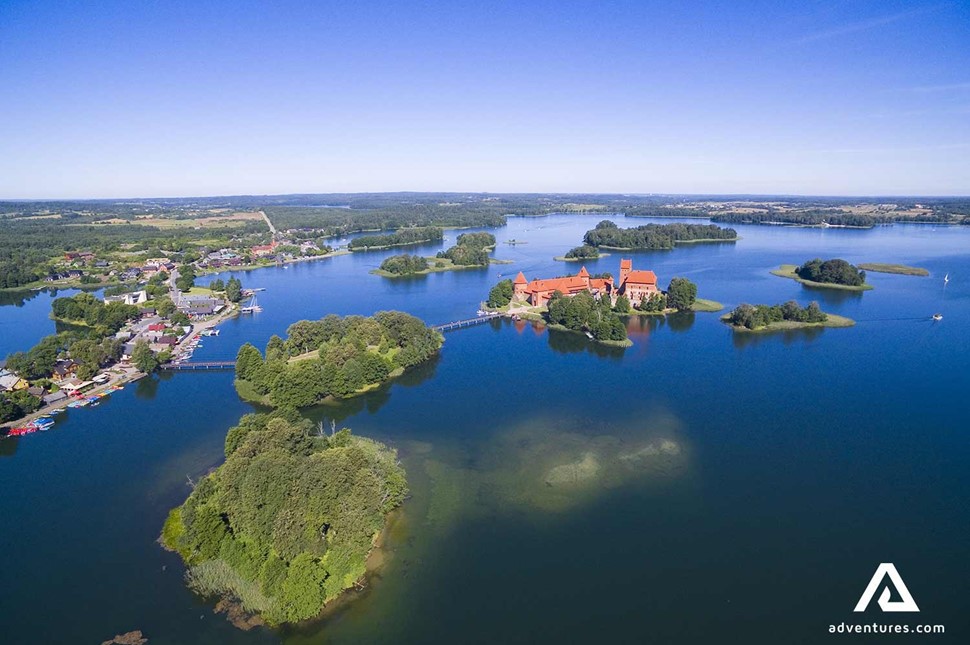 aerial view of galve lake in trakai in lithuania at summer