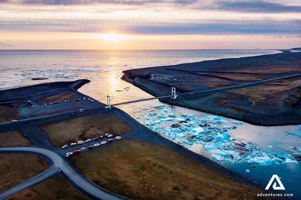 drone view of the sunset in jokulsarlon glacier lagoon