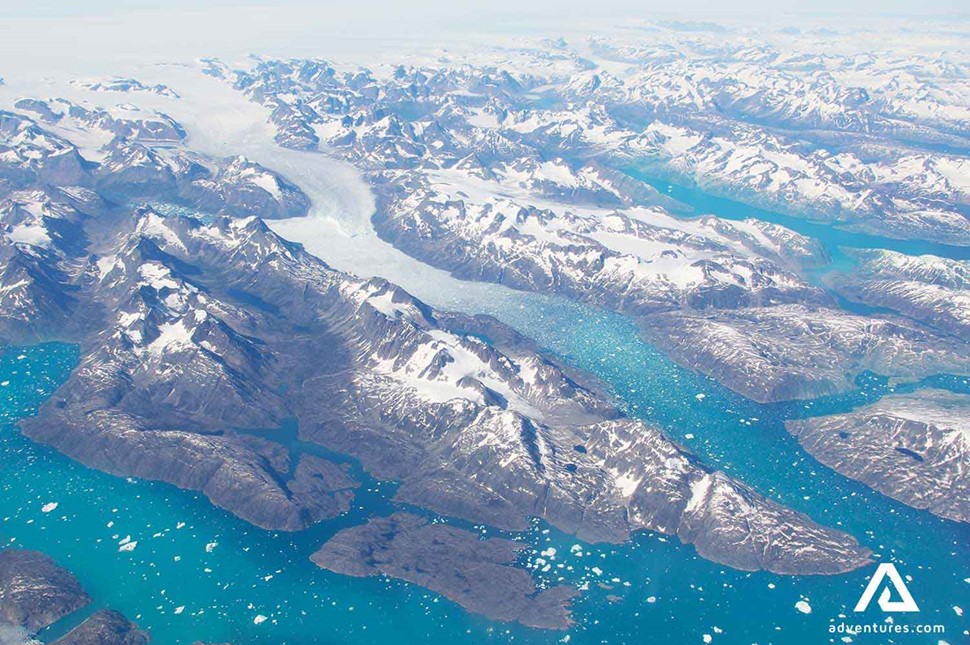 aerial plane view of fjords in greenland
