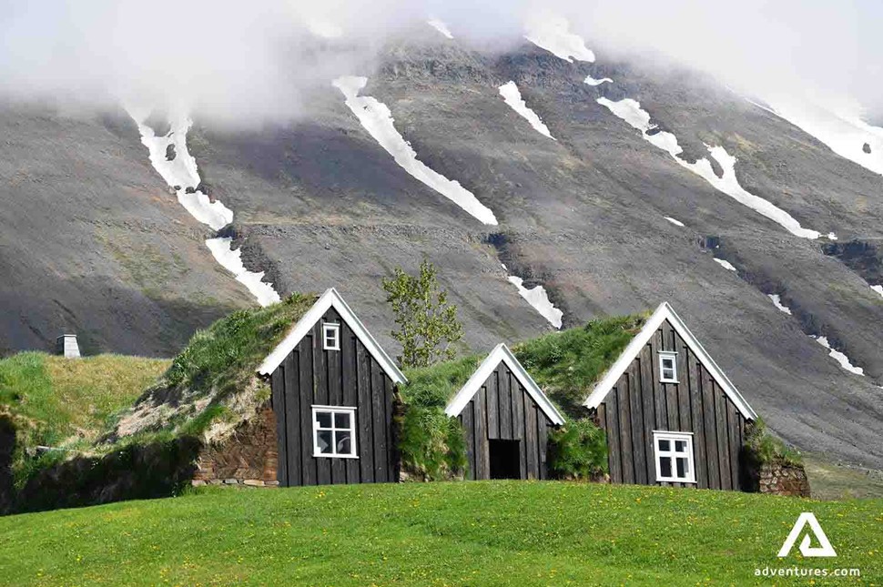 turf houses in the mountains in greenland
