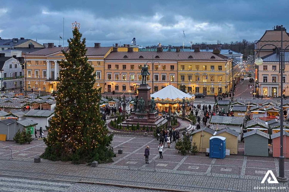 christmas tree and small market in helsinki in winter