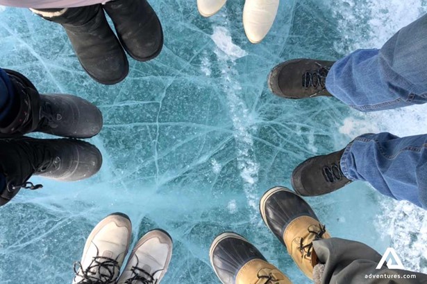 shoes photo on the frozen lake in winter