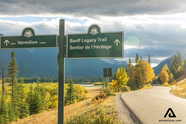 signpost of banff legacy trail in canada