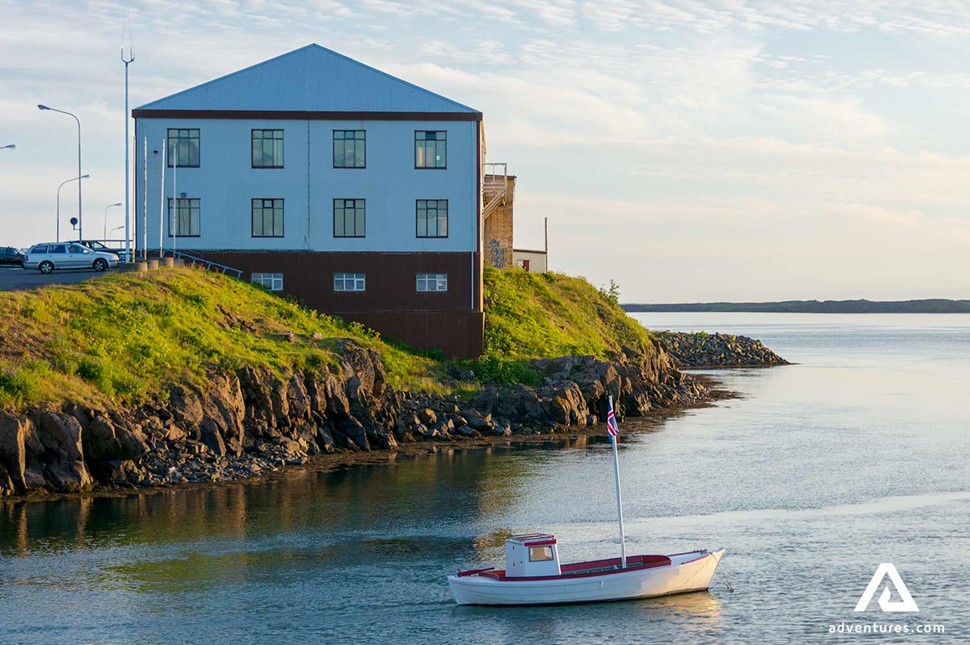 small boat in borgarnes town in iceland