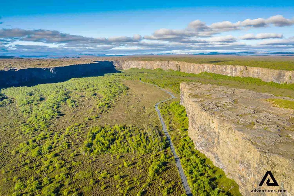 aerial drone view of asbyrgi canyon north iceland