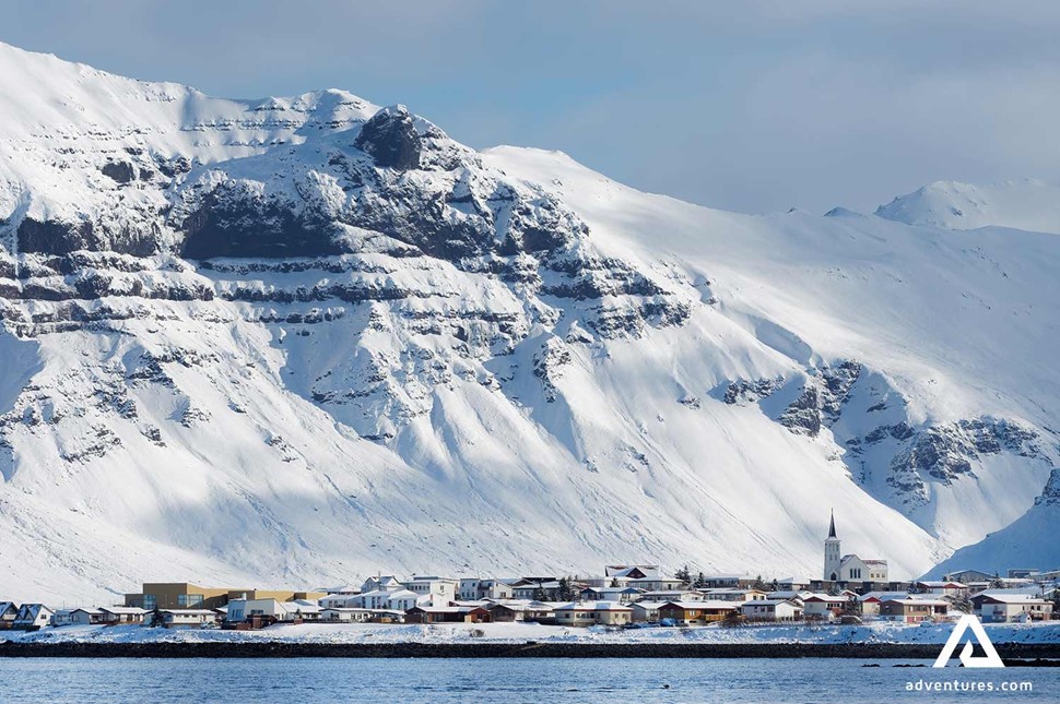 snowy grundarfjordur town in iceland