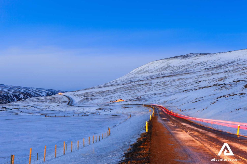 egilsstadir snowy road view in iceland 