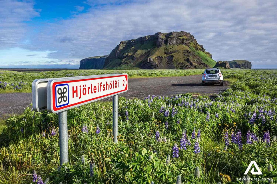 road sign of hjorleifshofdi in iceland
