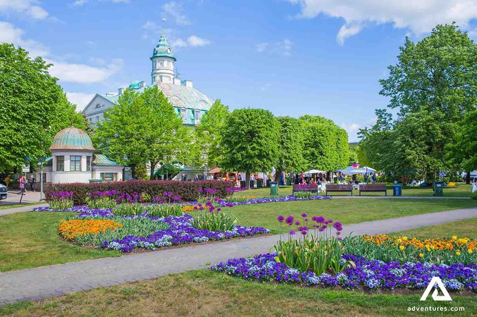 jomas street in jurmala with colourful blossoming flowers in latvia