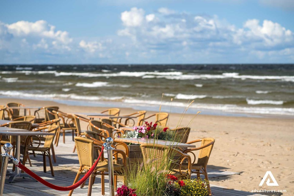 restaurant tables at a beach in jurmala near baltic sea