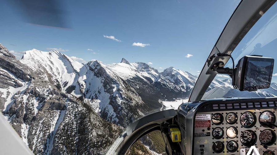 helicopter view of snowy mountain
