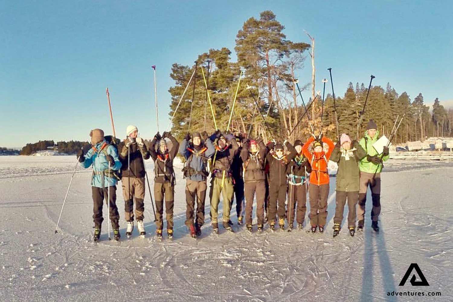 friends ice skating in winter at Stockholm