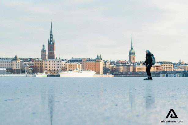 ice skater in Stockholm with a panoramic view
