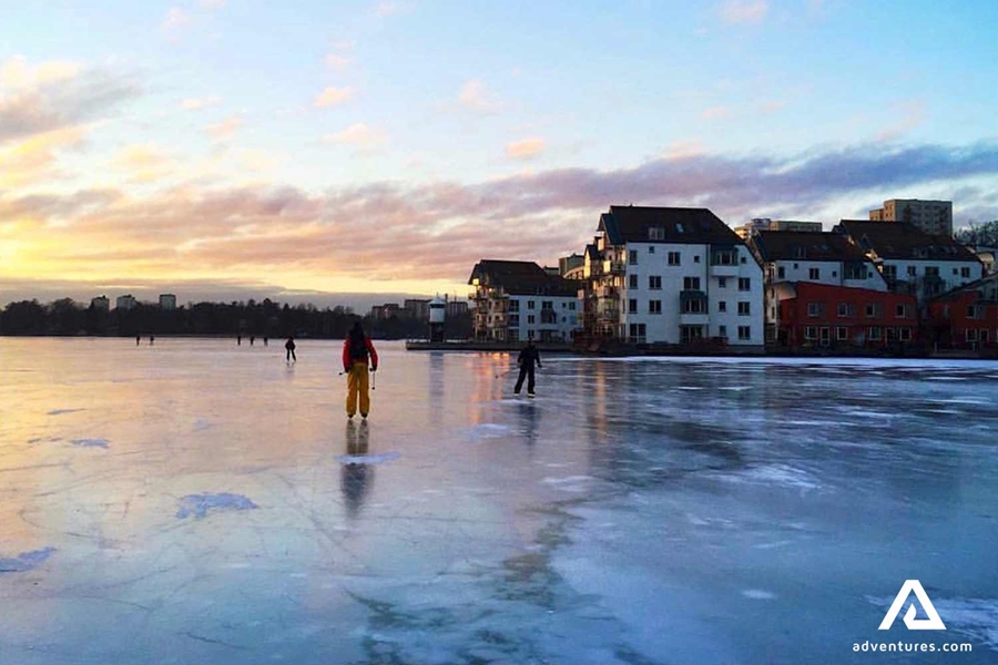 ice skating on a frozen lake