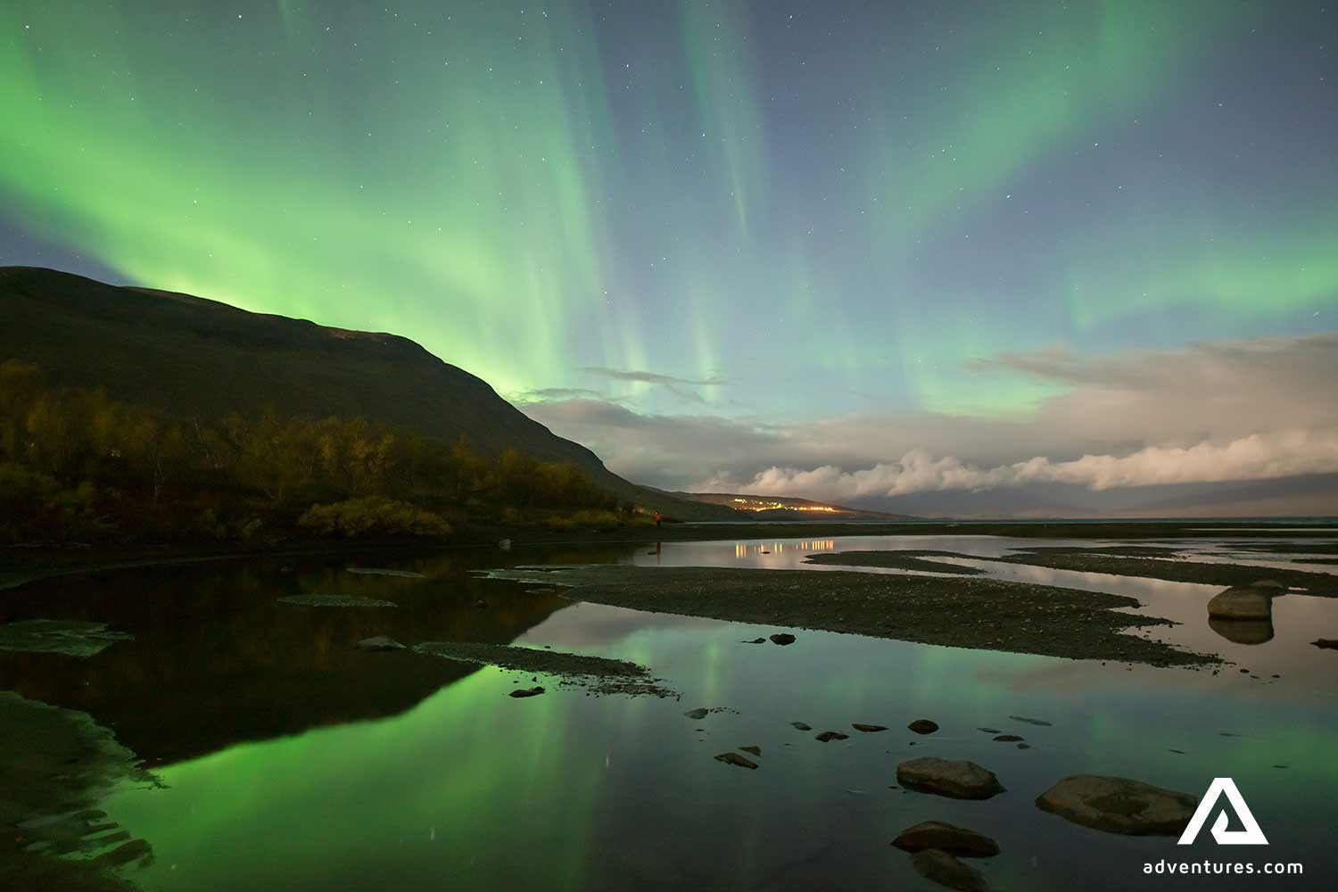 northern lights over lake landscape at abisko