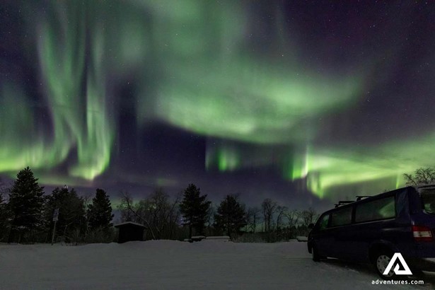 winter forest with auroras in sweden