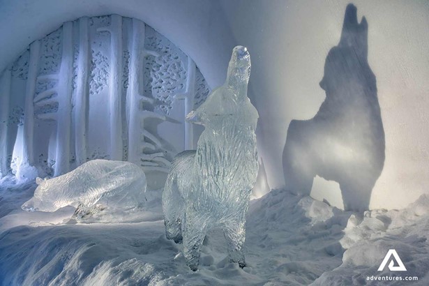 wolf statue made from ice in lapland