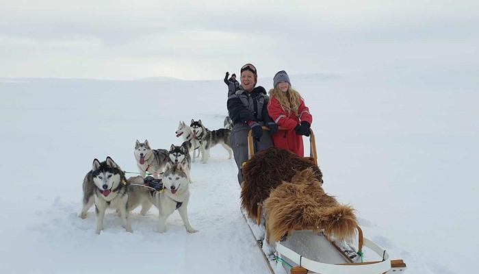 couple dogsledding in iceland