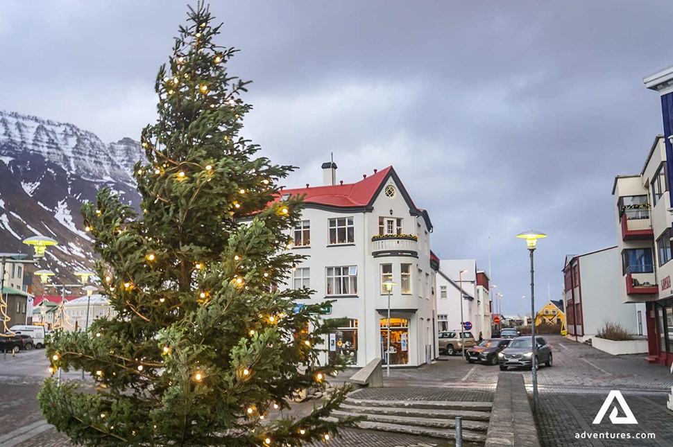 Isafjordur Winter Christmas Tree in Westfjords of Iceland