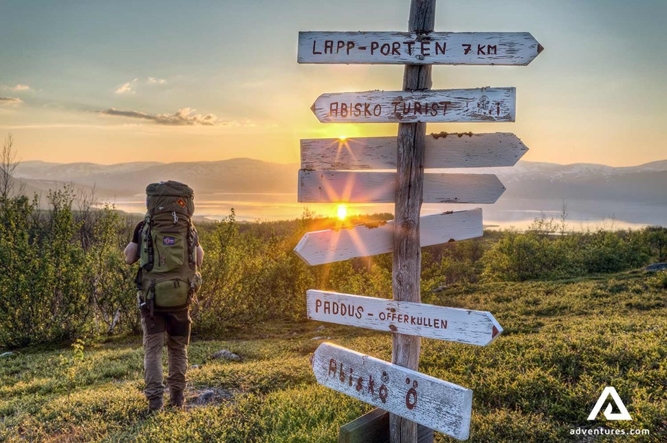 hiker near trek sign in Abisko National Park