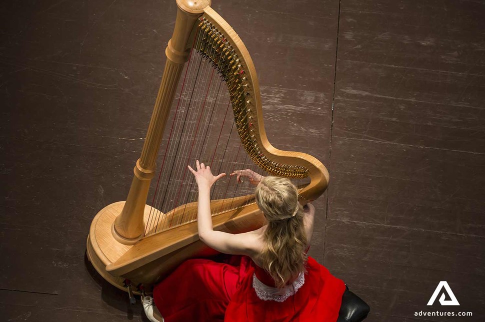 woman playing an instrument in Harpa concert hall