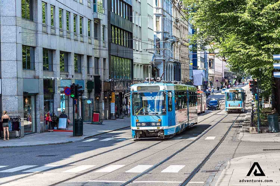 blue tram in Norway