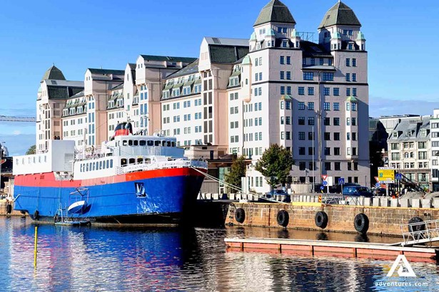 blue ship in Oslo harbor