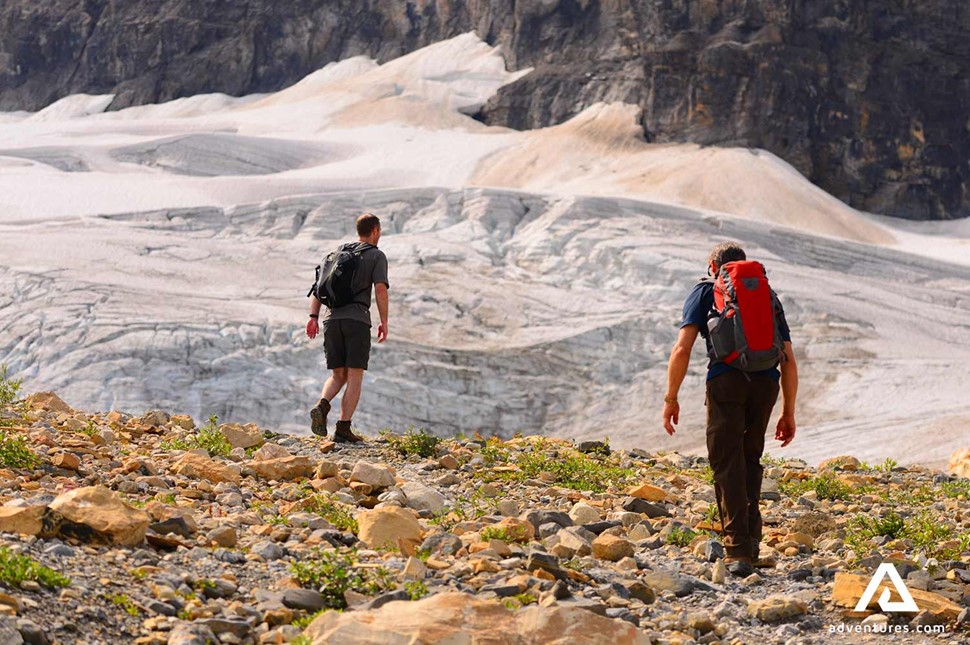 explorers trekking near Athabasca Glacier in Canada