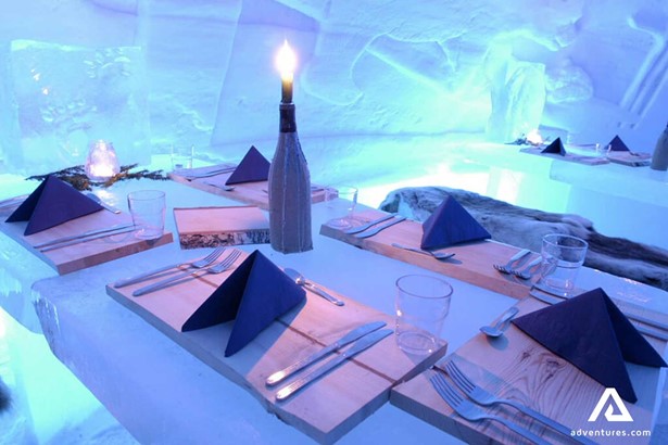 dinner table serving in ice hotel