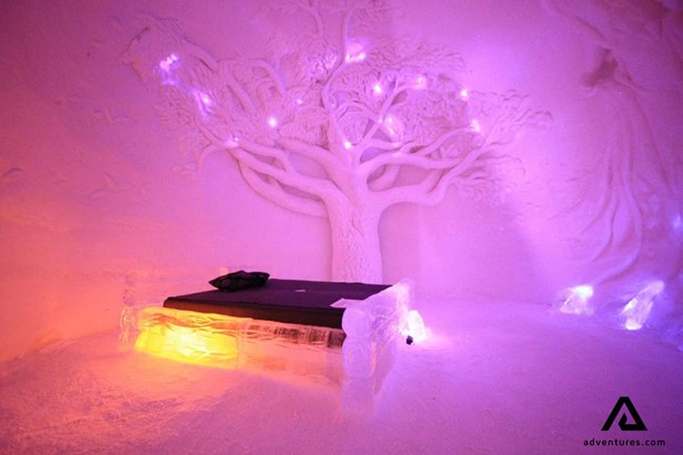 bedroom of ice hotel in Finland
