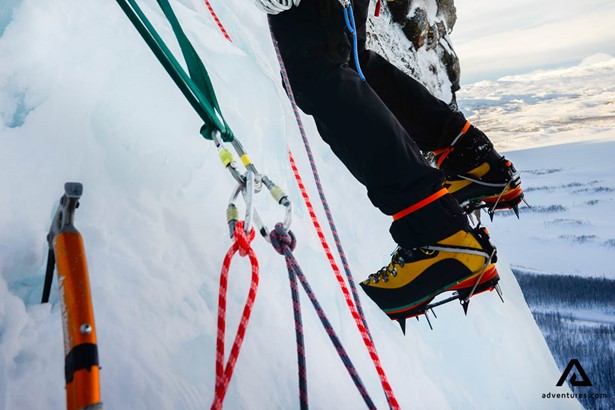 vertical ice climbing with crampons