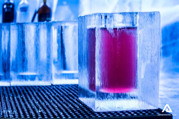 ice bar drink in glass made from ice