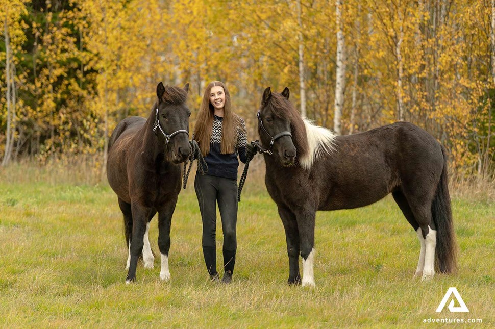 woman petting two horses in sweden