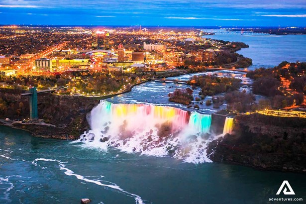 Ontario city and Niagara falls at night