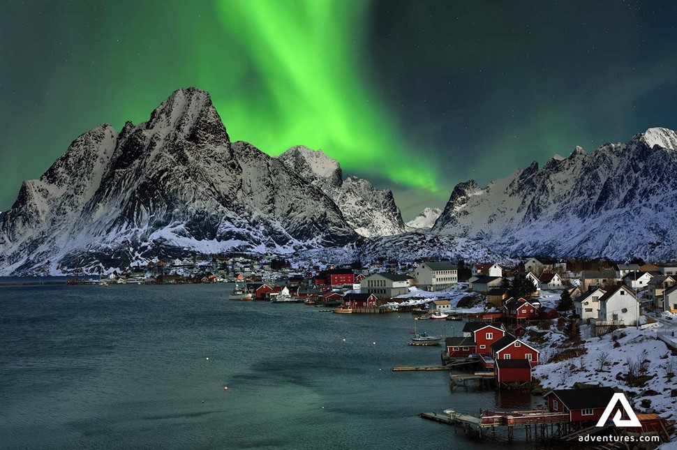 Northern lights in Reine town in Norway