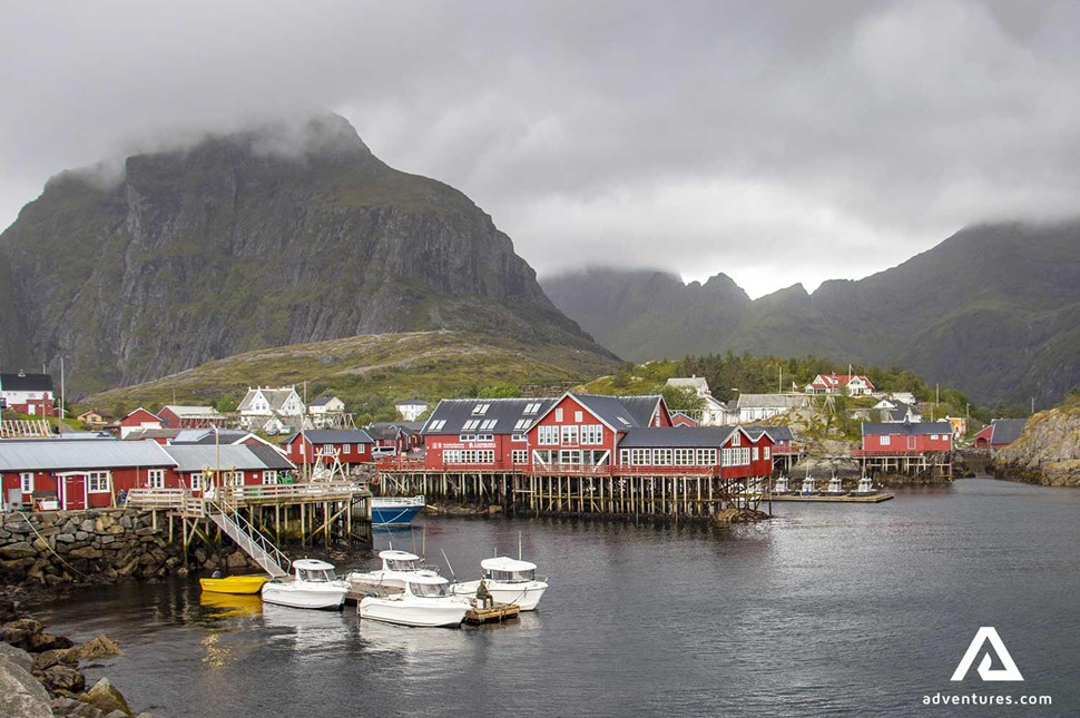 Small cloudy fishing town in Norway