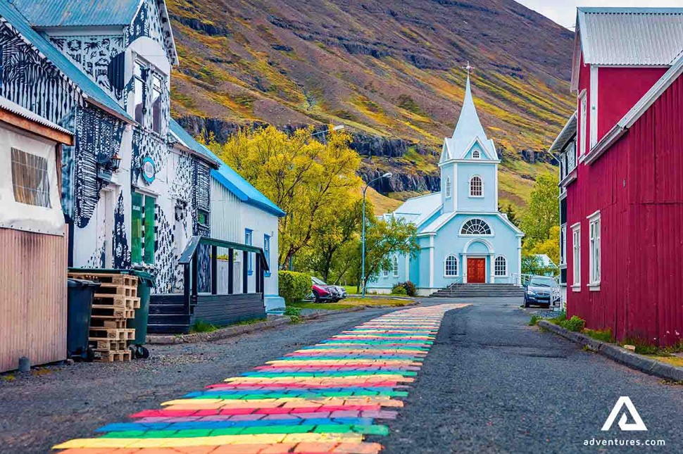 rainbow path to the church at Seydisfjordur