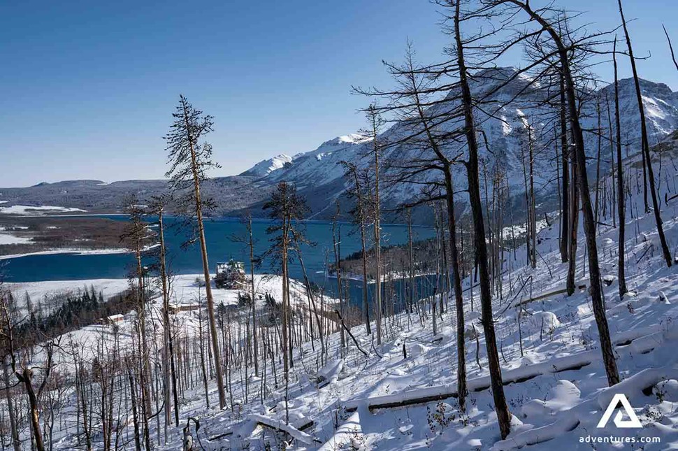 Waterton Lakes winter mountain range view in Canada