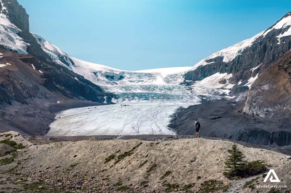 Man enjoying the view of Athabasca Glacier in Canada