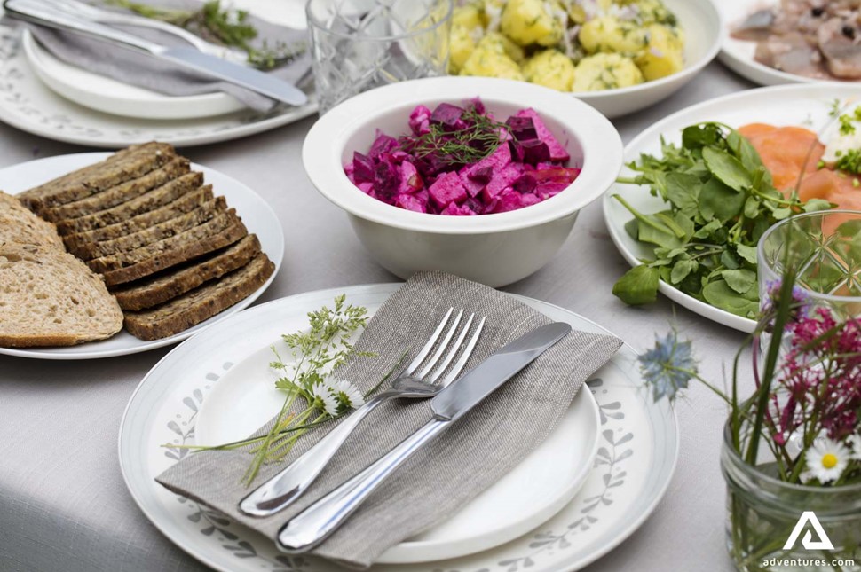 Table setting with traditional Swedish dishes