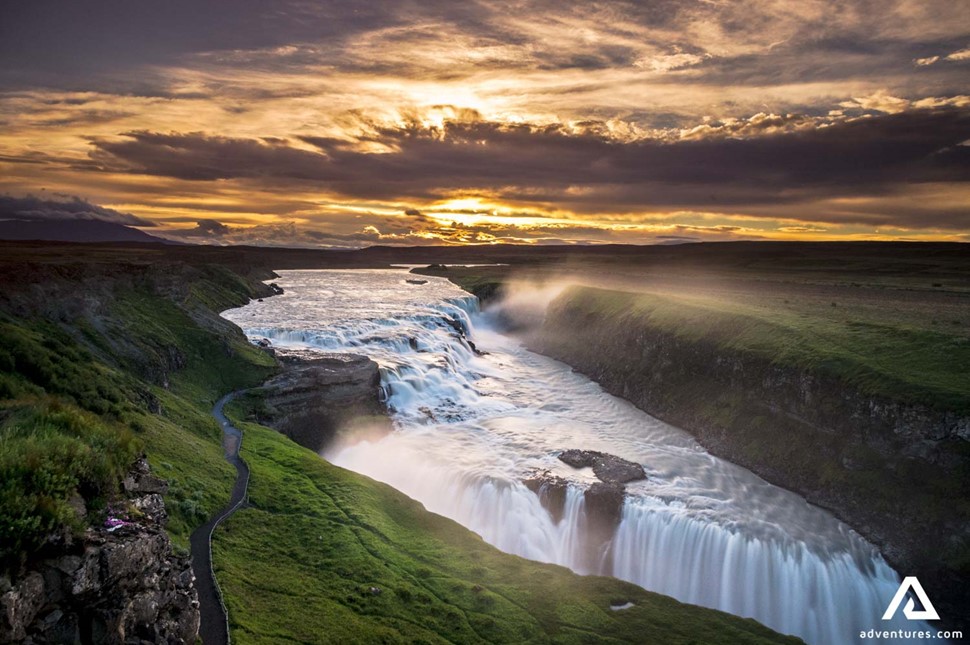 Gullfoss Falls by the sunset in Iceland