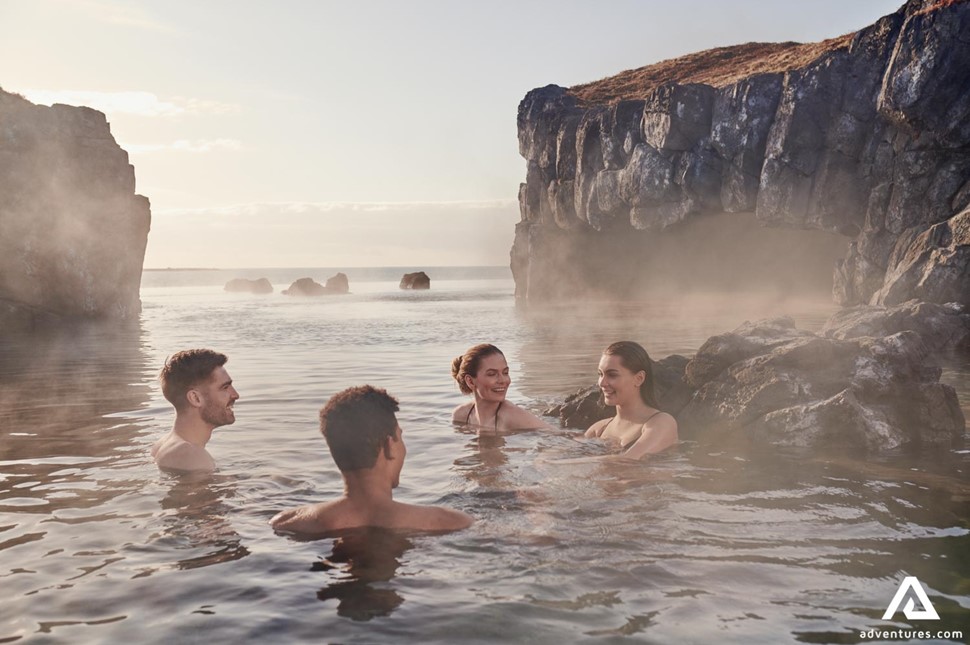 Visitors enjoying the steamy Sky Lagoon in Iceland