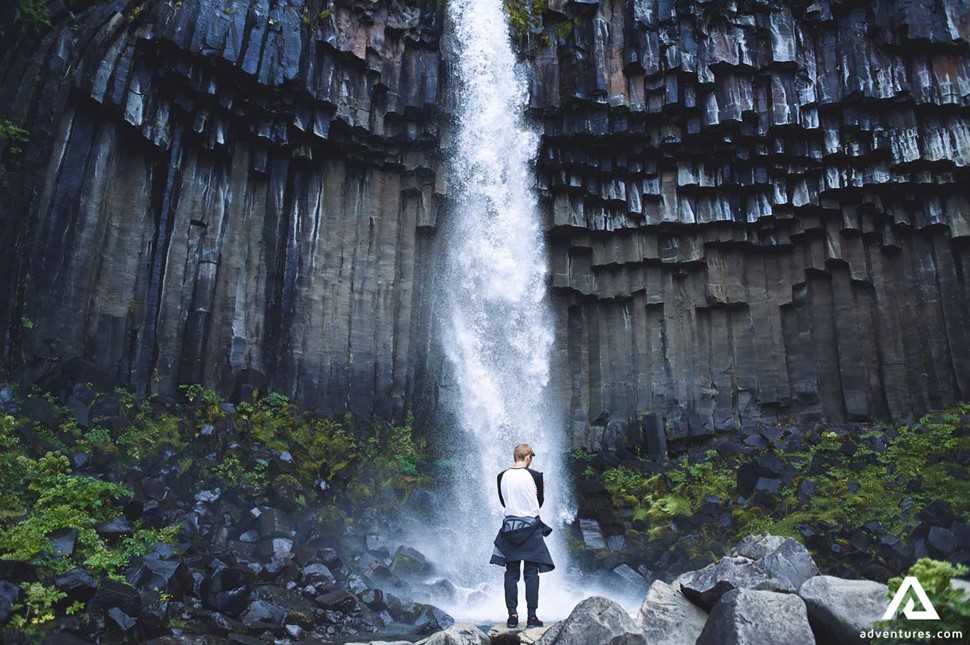 Man Standing by Svartifoss Waterfall in Iceland