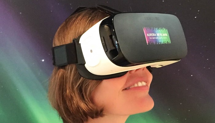 Woman Wearing Virtual Reality Glasses in Museum
