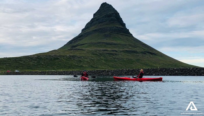 Kayaking near Kirkjufell Mountain in Iceland