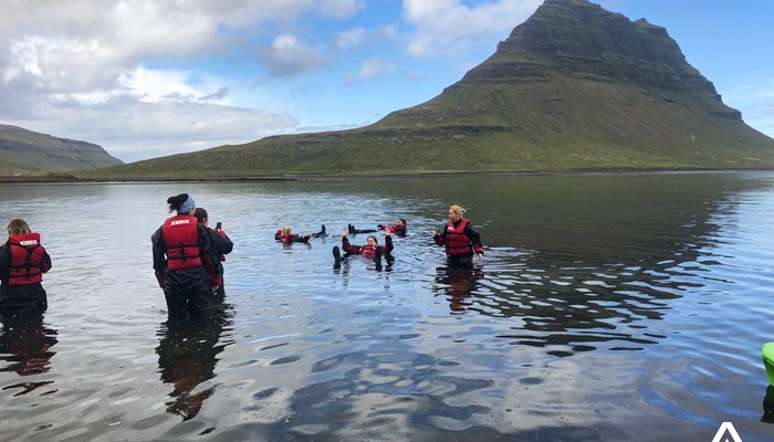 Group Swimming by Kirkjufell Mountain